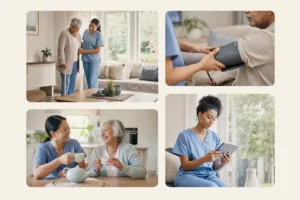 Four moments from a caregiver day: helping someone walk with a cane, taking a blood pressure reading, sharing a cup of tea at a kitchen table, and writing up care notes on a tablet.