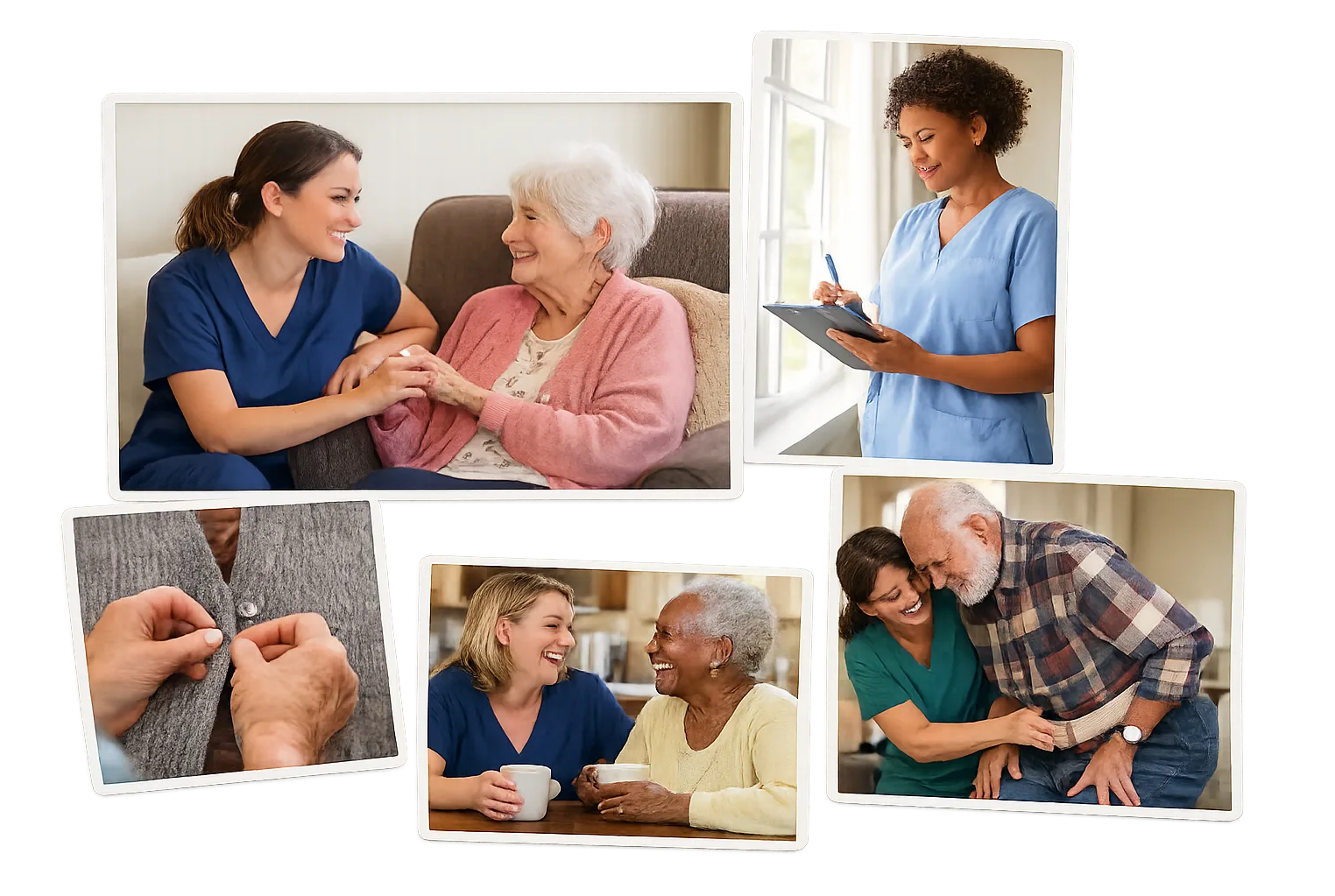 Four moments from a caregiver day: helping someone walk with a cane, taking a blood pressure reading, sharing a cup of tea at a kitchen table, and writing up care notes on a tablet.