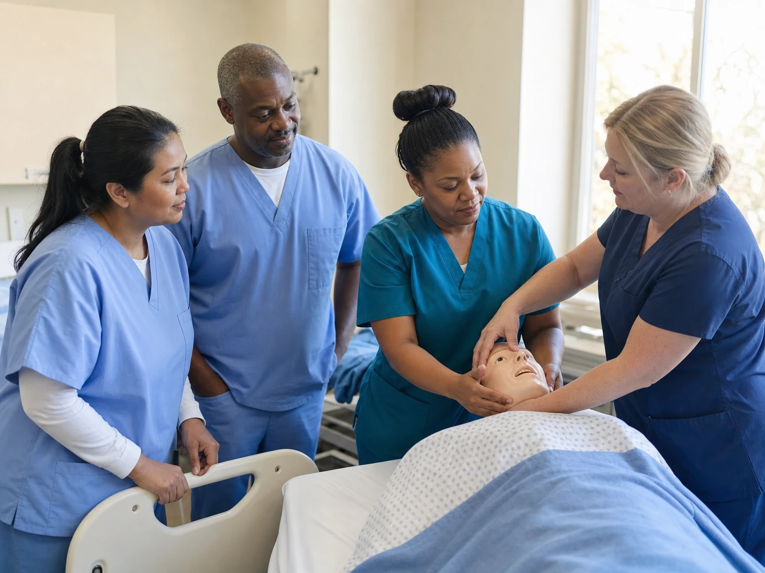 Students in a nurse aide skills class practicing around a training bed with an instructor
