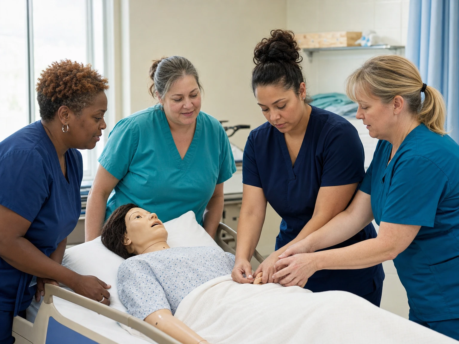 Nurse aide students practising a skill around a training bed with an instructor. An illustration of the work, not a photograph of anybody on this site